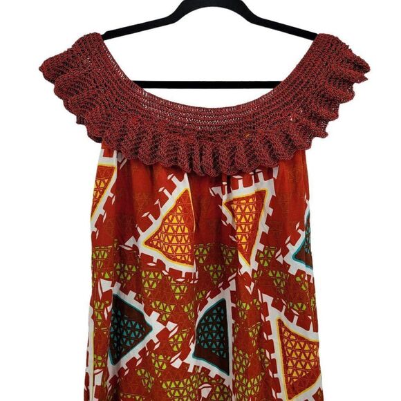 Vtg 70's Dress Handmade Crochet Ruffle Off Shoulder Collar Mermaid Maxi Red Sz M - Picture 9 of 12